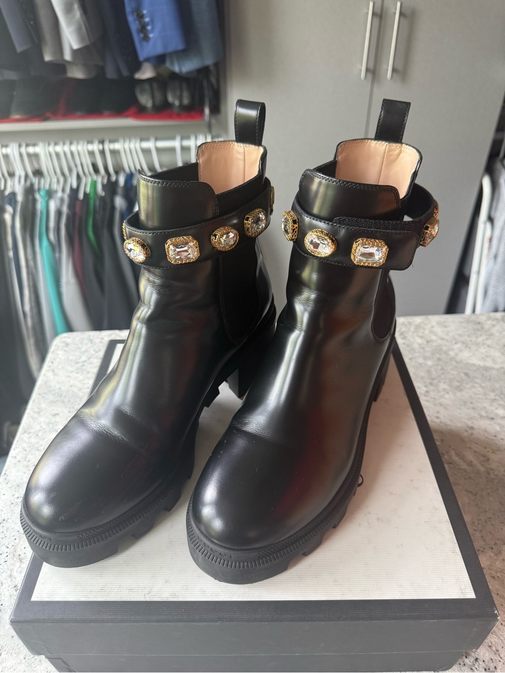 Gucci Black Leather Jewel Strap Combat Boots